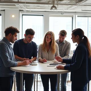 A diverse team of professionals collaboratively working together in a modern office, symbolizing innovation and teamwork.